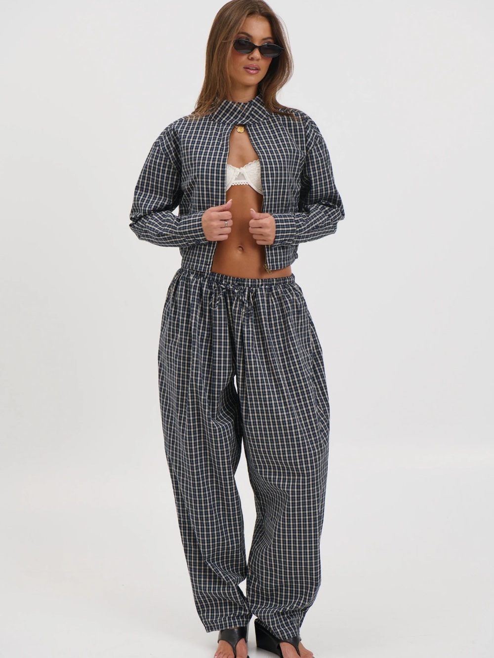 Lioness Black and White Checked Wide-Leg Drawstring Pants
